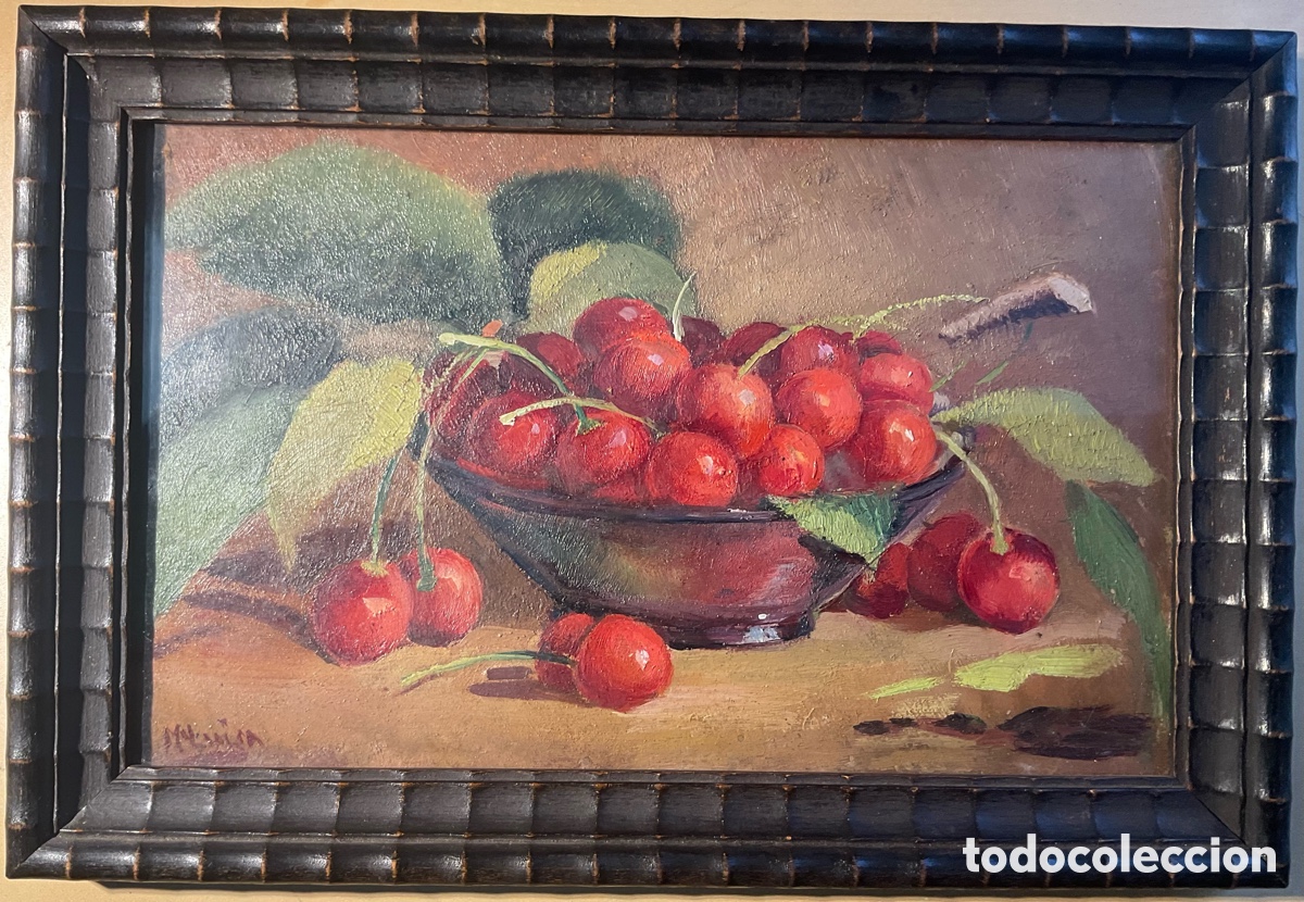 Arte: Bodeg&oacute;n de cerezas. &Oacute;leo sobre tabla firmado &rdquo;M. Luisa&rdquo;. Escuela catalana. Barcelona, c. 1920-1940