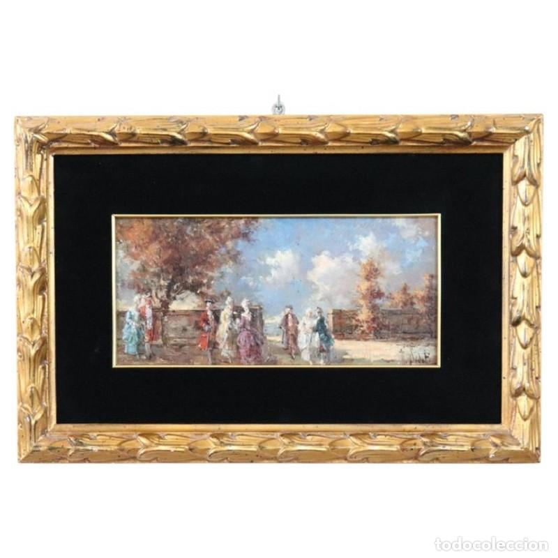Arte: Escena galante, &oacute;leo sobre tabla firmado N. Sidoli, Italia, principios del siglo XX