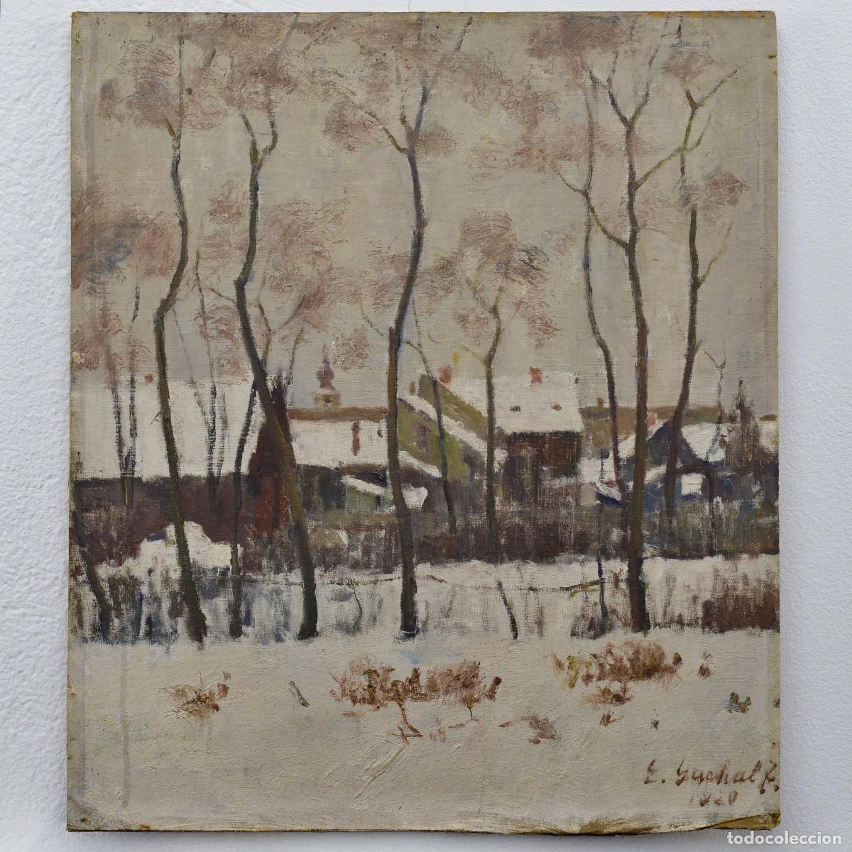 Arte: Early 20th C Hungarian Impressionist Winter Landscape Oil Canvas Signed Gachal