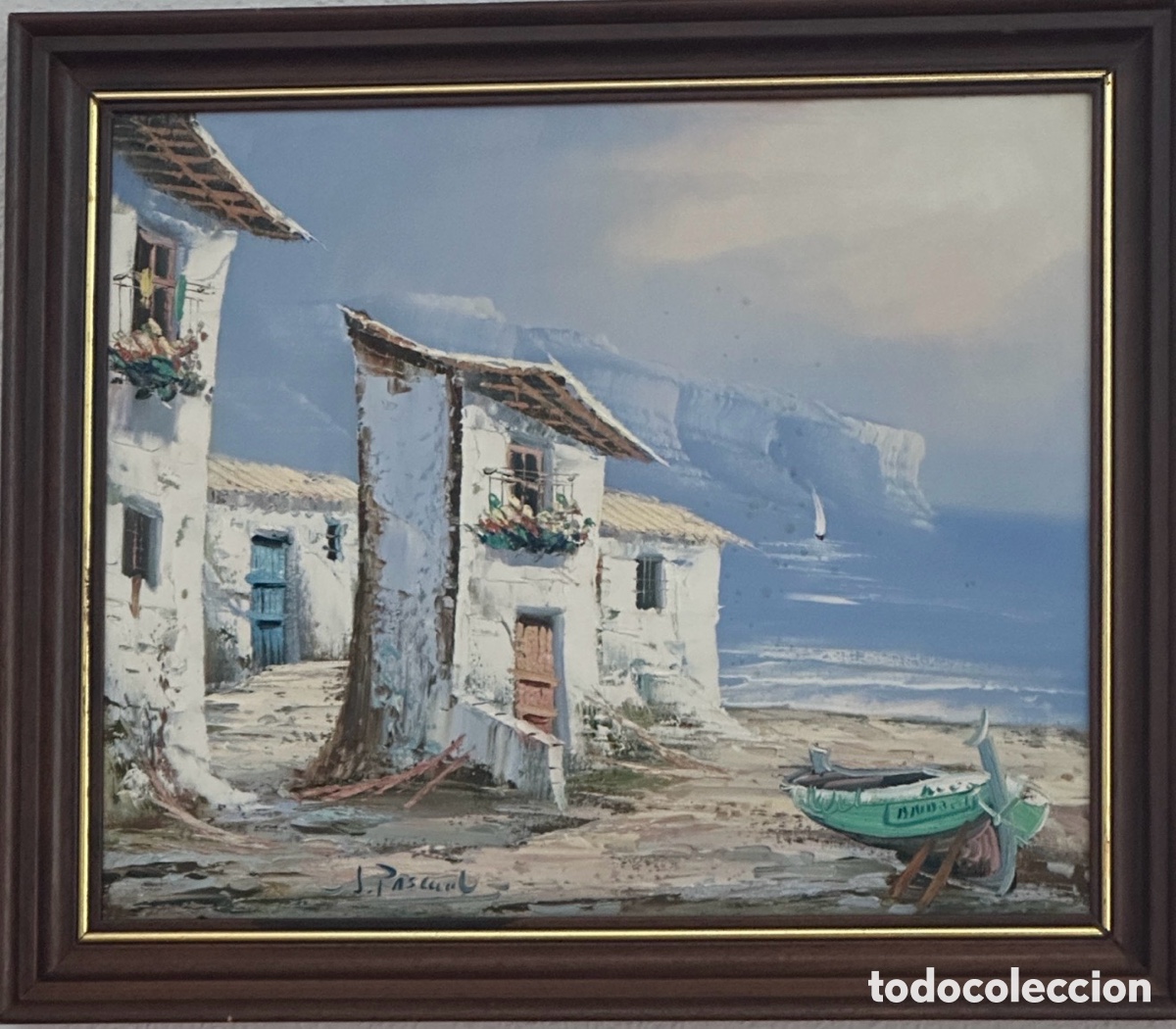 Arte: &Oacute;leo original firmado J. Pascual &ndash; Pueblo costero mediterr&aacute;neo