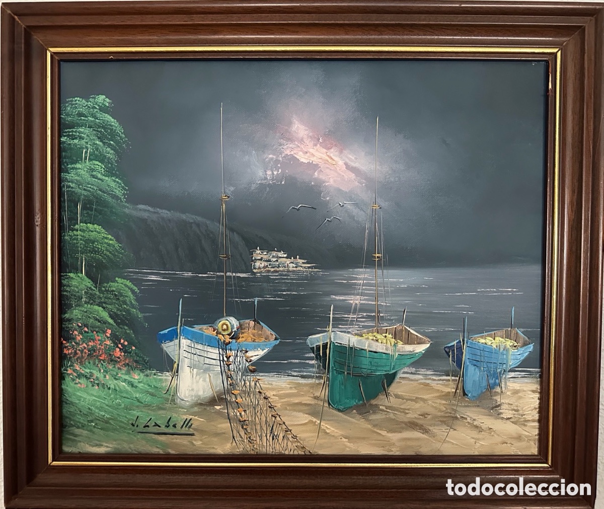 Arte: &Oacute;leo original firmado J. Pascual &ndash; Marina con barcos &ndash; Enmarcado