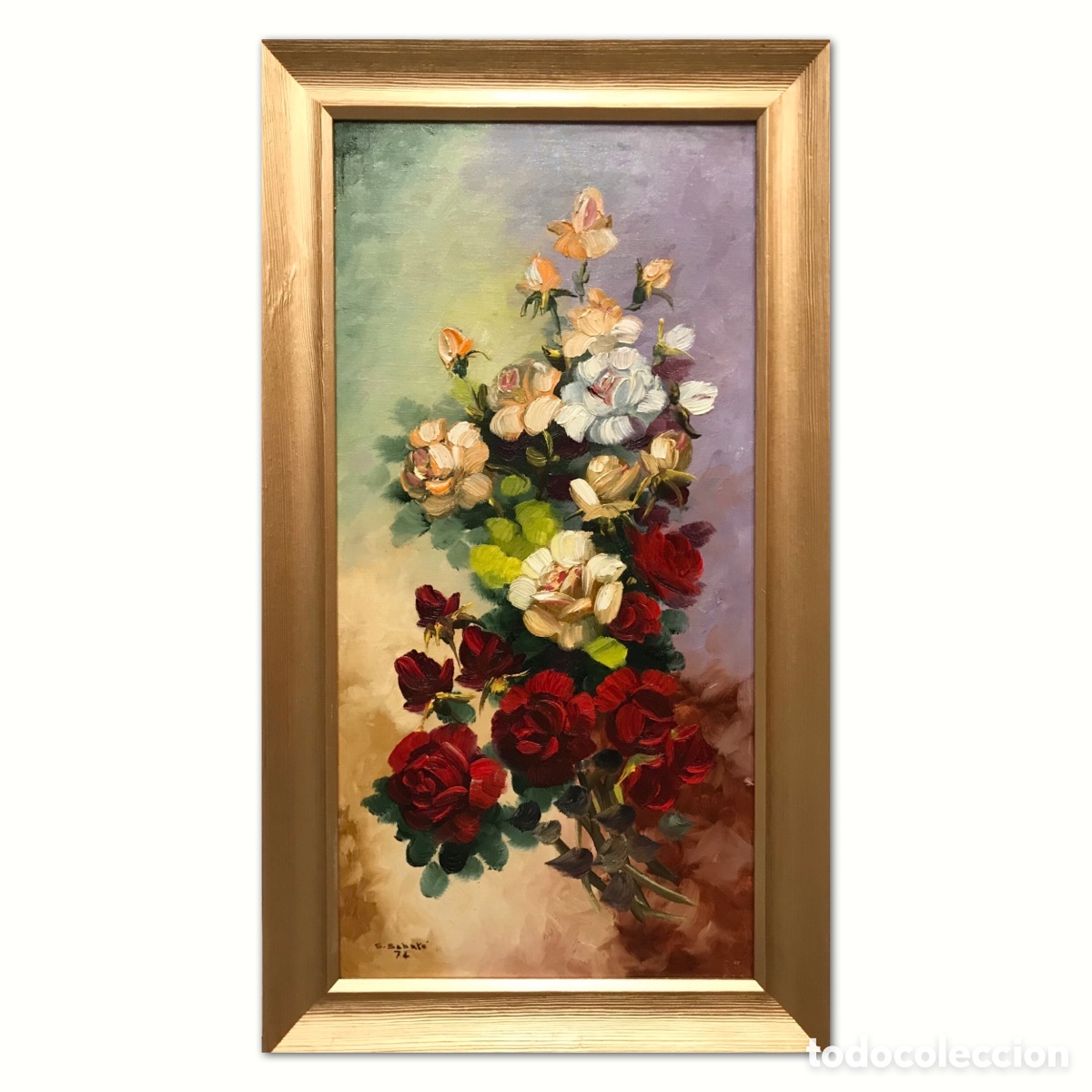 Arte: &rdquo;Composici&oacute;n Floral con Rosas Blancas y Carm&iacute;n&rdquo; Salvador Sabat&eacute; (Maials 1921 &ndash; Fraga 1984), 1974