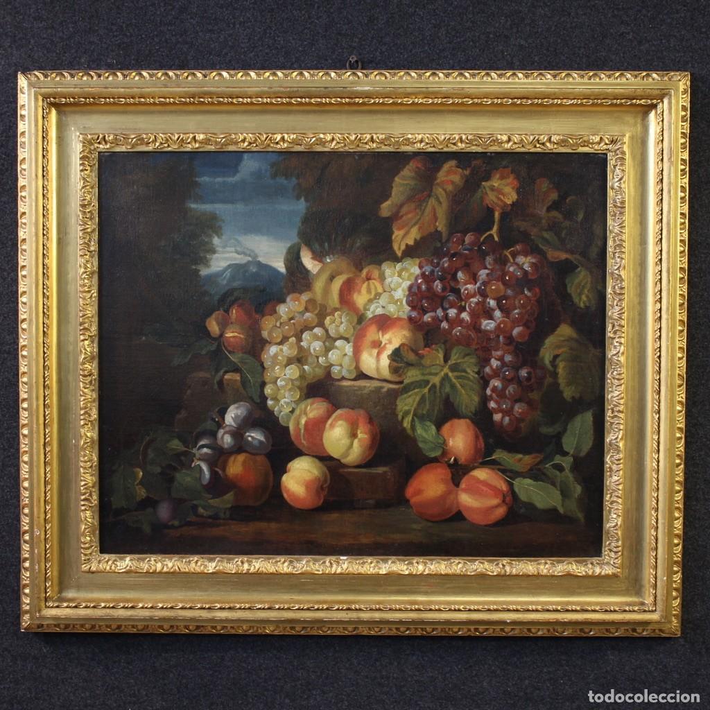 Arte: Pintura italiana antigua del siglo XVII, bodegon con frutas.