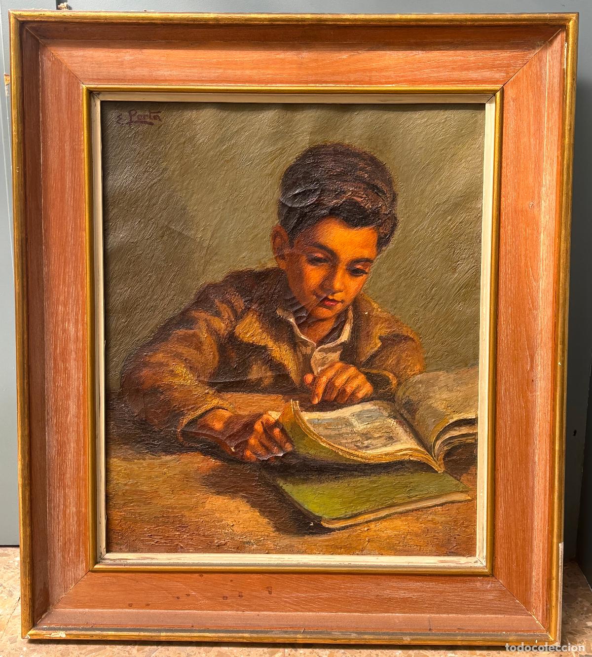 Arte: Enric Porta Mestre, retrato de ni&ntilde;o leyendo, pintura al &oacute;leo sobre tela, firmada, con marco.