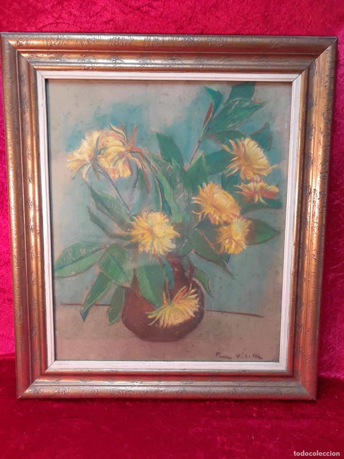 Kunst: B-1919. PURA VILELLA. PASTEL SOBRE LIENZO. BODEG&Oacute;N DE FLORES. MEDIADOS S. XX.
