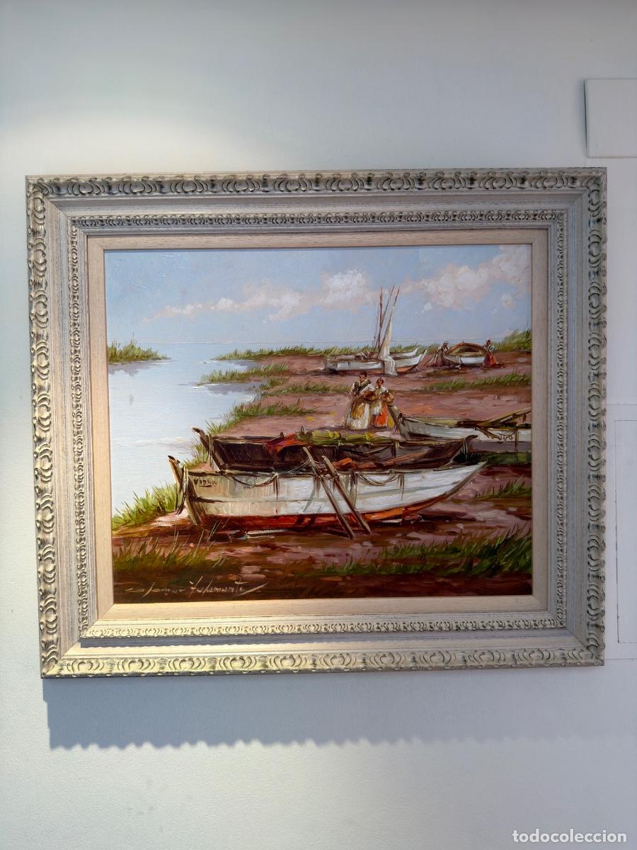 Kunst: Colomer Talamantes &ndash; &Oacute;leo sobre lienzo &ldquo;Nazaret&rdquo; &ndash; Escena valenciana con barcas &ndash; 73,5 x 64 cm