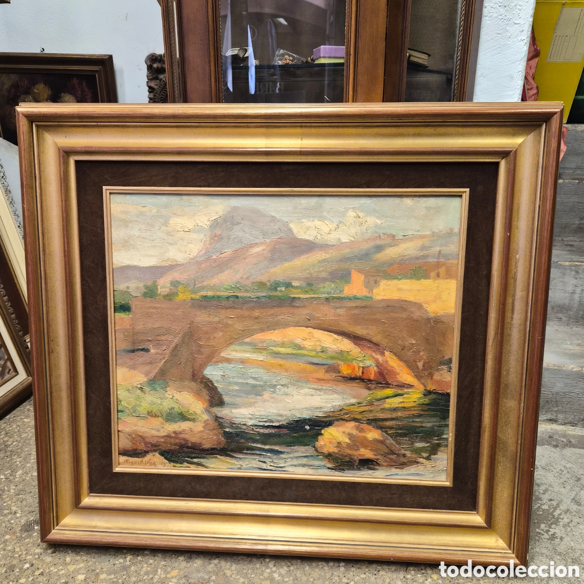 Arte: &Oacute;leo sobre lienzo Miguel Vaquer Calumarte (Ondara, 1910 - Valencia, 1988)puente de Javea 1941
