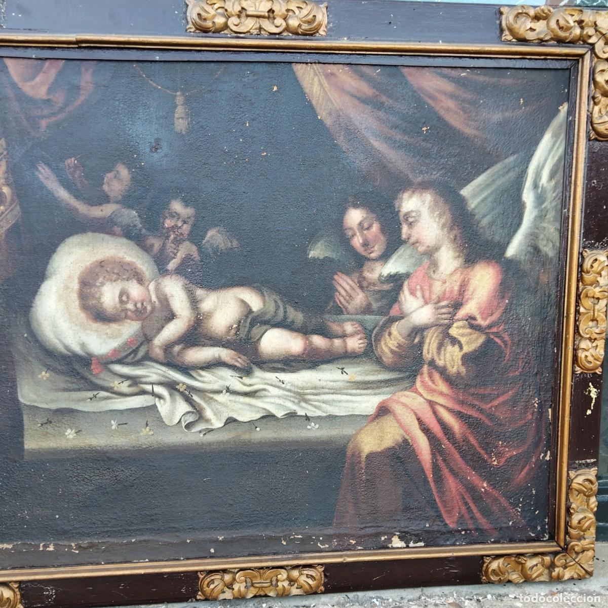 Arte: Escuela francesa S. XVII Angeles velando al Ni&ntilde;o Jes&uacute;s dormido Seguidor de Jacques Stella pintor fra