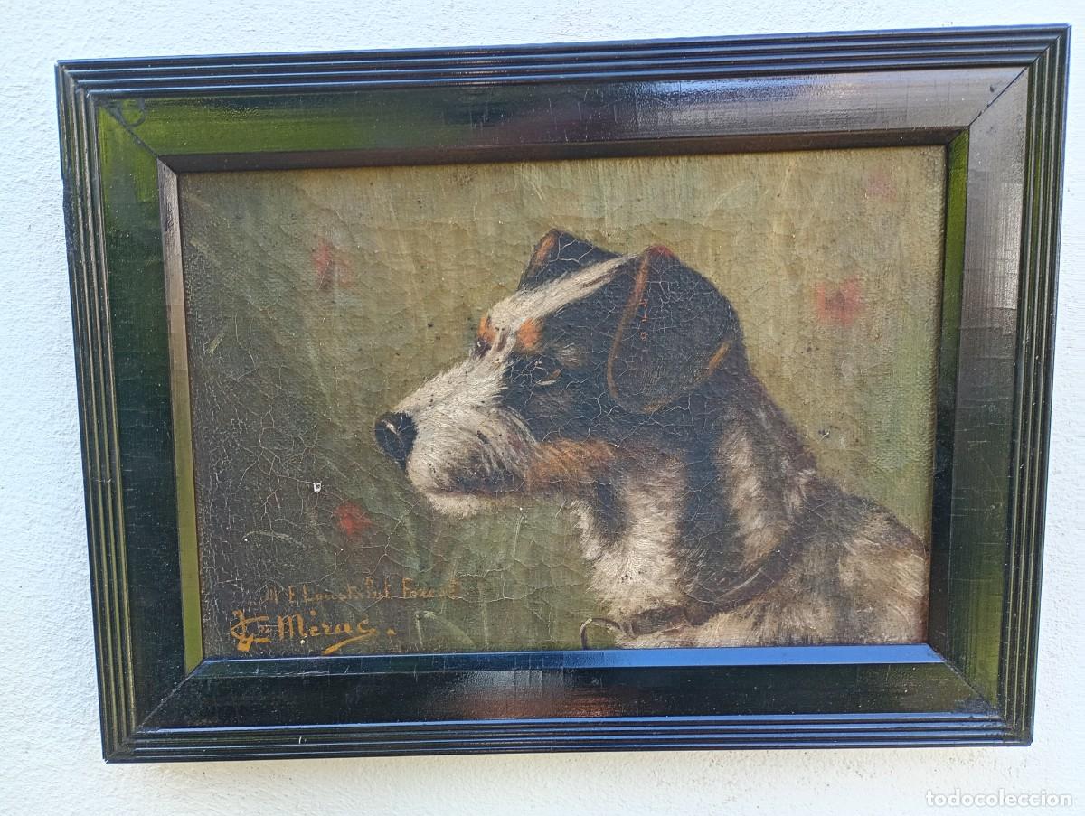 Arte: Antiguo &oacute;leo sobre lienzo retrato de perro Fox Terrier firmado &ndash; Pintura animalista francesa c. 1900