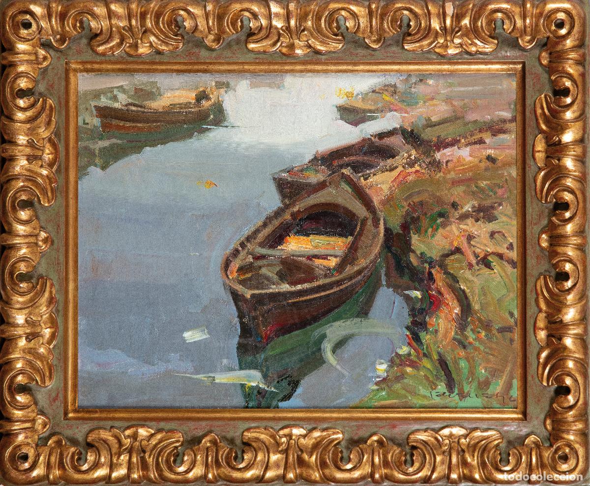 Arte: Barcas en El Palmar Valencia &oacute;leo sobre tabla Eustaquio Segrelles del Pilar segunda mitad siglo XX