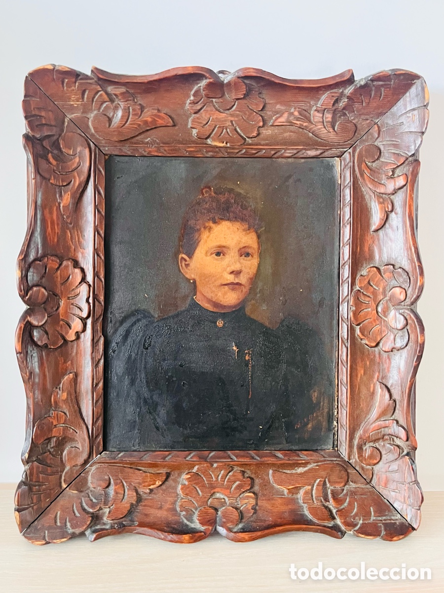 Arte: Cuadro antiguo retrato mujer marco tallado