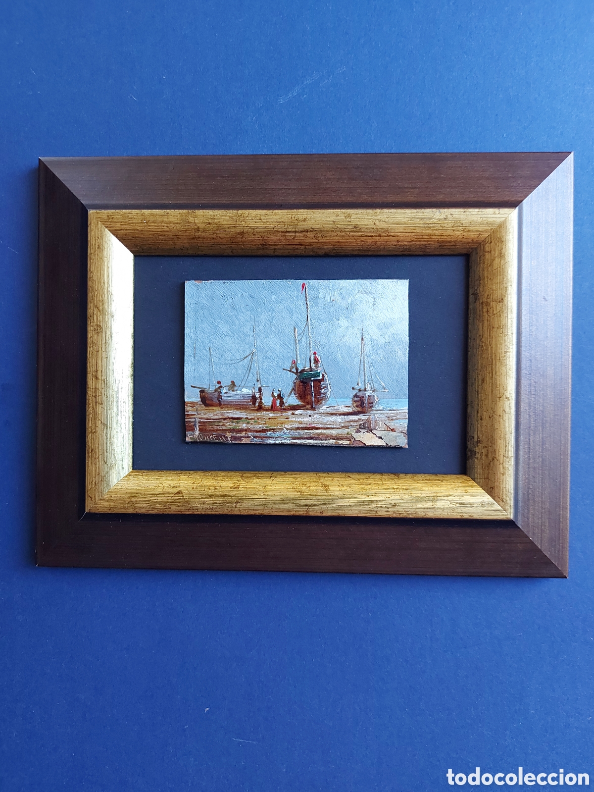 Arte: &rdquo;BARCAS DE PESCADORES EN LA PLAYA&rdquo; OLEO MINIATURA EPOCA