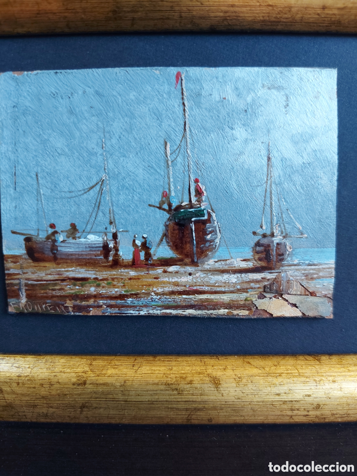 Arte: FROMENT &rdquo;BARCAS DE PESCADORES EN LA PLAYA&rdquo; OLEO EPOCA MINIATURA