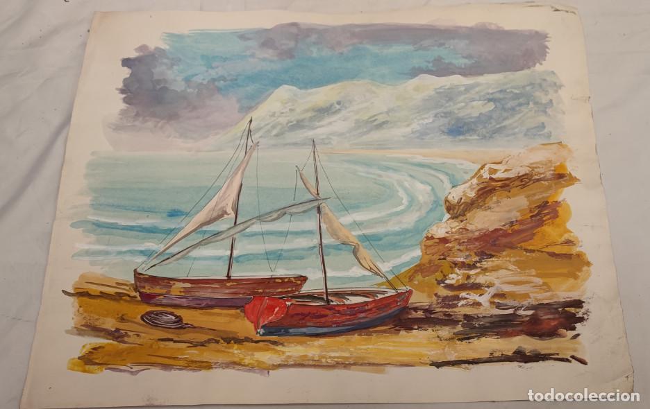 Arte: PINTURA ORIGINAL ACUARELA SOBRE LAMINA, AUTOR MAURO, HACIA 1973, BARCAS Y MAR