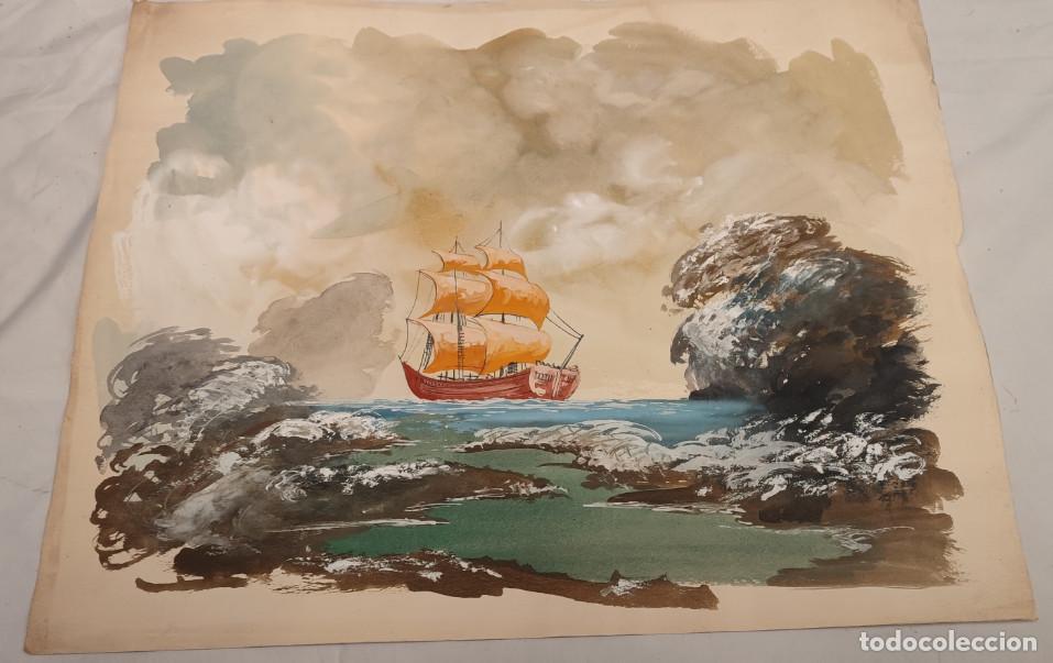 Arte: PINTURA ORIGINAL ACUARELA SOBRE LAMINA, AUTOR MAURO, HACIA 1973, GALEON NAVEGANDO