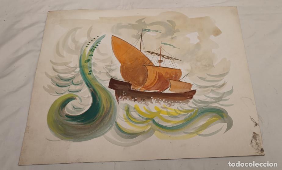 Arte: BONITA PINTURA ORIGINAL ACUARELA SOBRE LAMINA ACARTONADA, AUTOR MAURO, HACIA 1973, GALEON TEMPESTAD