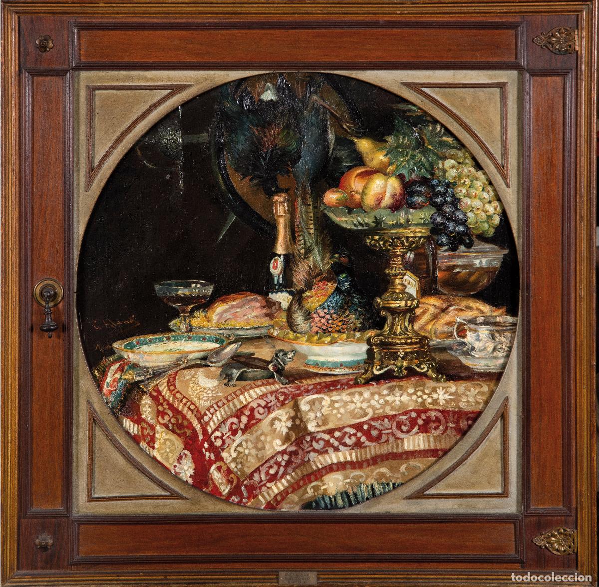 Arte: Bodeg&oacute;n opulento &oacute;leo sobre lienzo Cristobal Alandi firmado y fechado en 1886 marco original autor