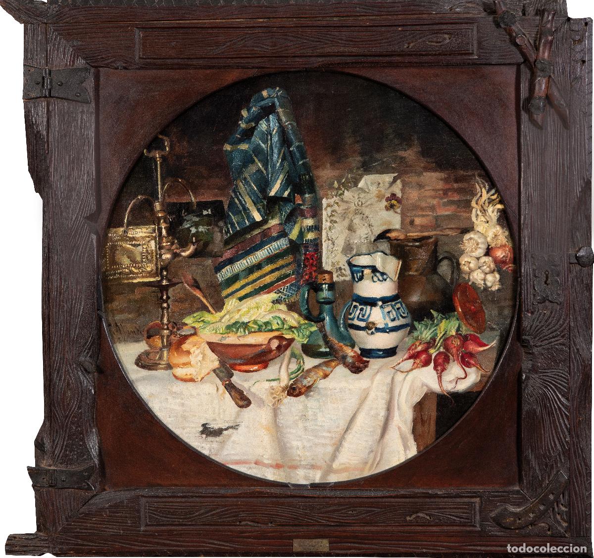 Arte: Bodeg&oacute;n pobre &oacute;leo sobre lienzo Cristobal Alandi firmado y fechado en 1884 marco original del autor