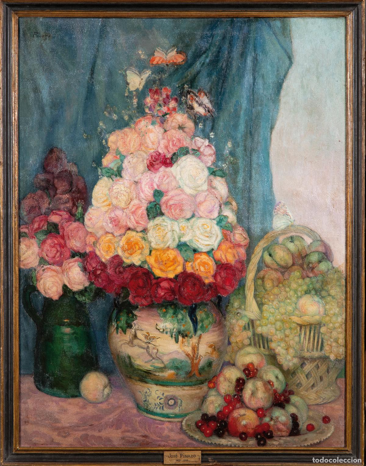 Arte: Bodeg&oacute;n con flores y frutos &oacute;leo sobre lienzo Jos&eacute; Pinazo Mart&iacute;nez escuela espa&ntilde;ola del siglo XIX