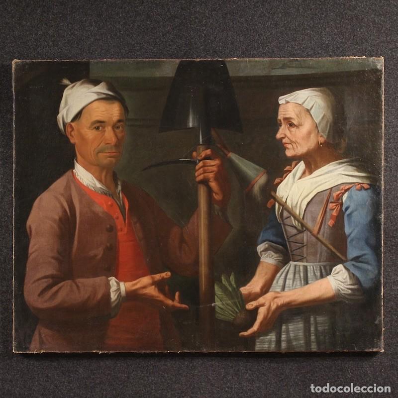 Arte: Pintura lombarda antigua del siglo XVII, escena de g&eacute;nero con campesinos.