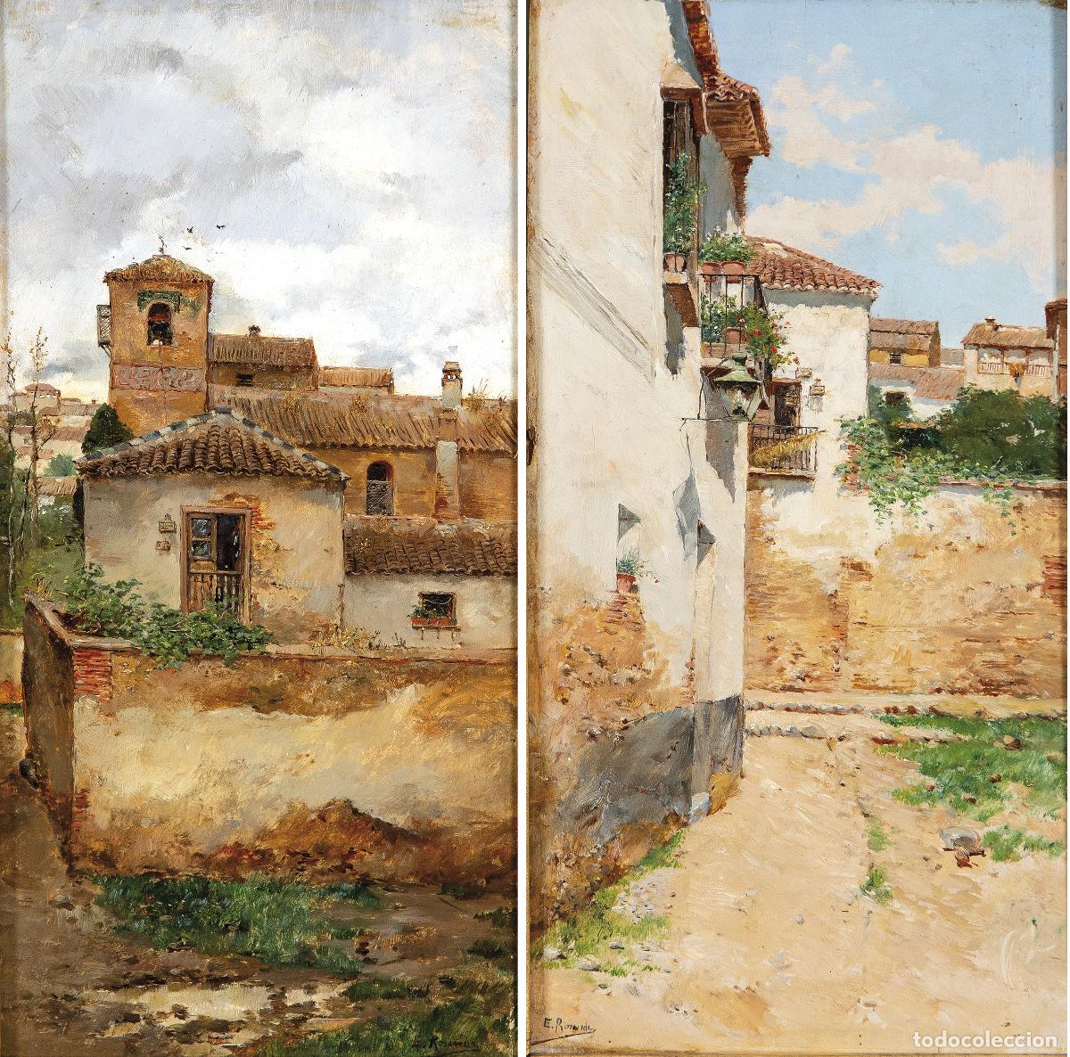 Arte: Calles de Granada pareja de &oacute;leos sobre tabla Eduardo Roselde S&aacute;nchez escuela espa&ntilde;ola del siglo XIX