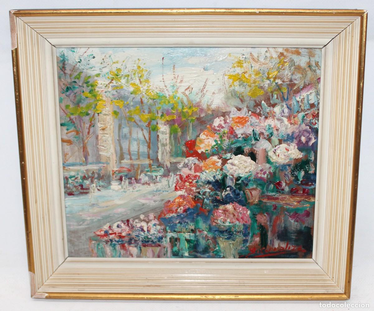 Arte: ANTONIO SANCHES CORRALIZA (1909-2000) OLEO SOBRE TABLEX. RAMBLA DE LAS FLORES (Barcelona)