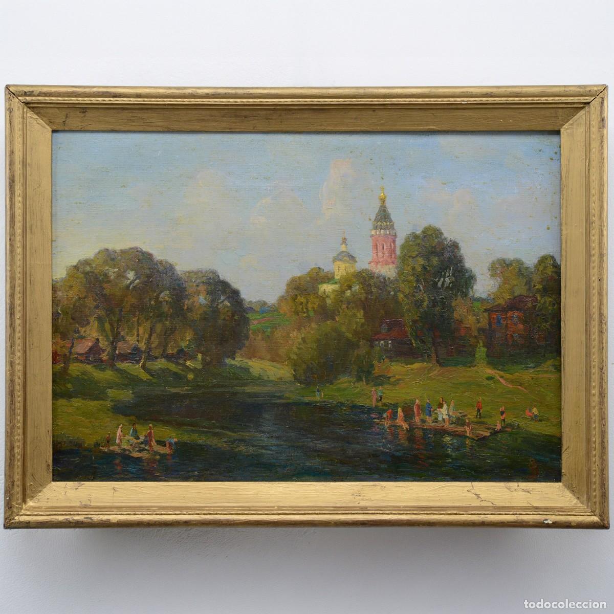 Arte: 20th C Russian Realism Summer Landscape Bathers Oil Canvas Signed Fedulov Framed