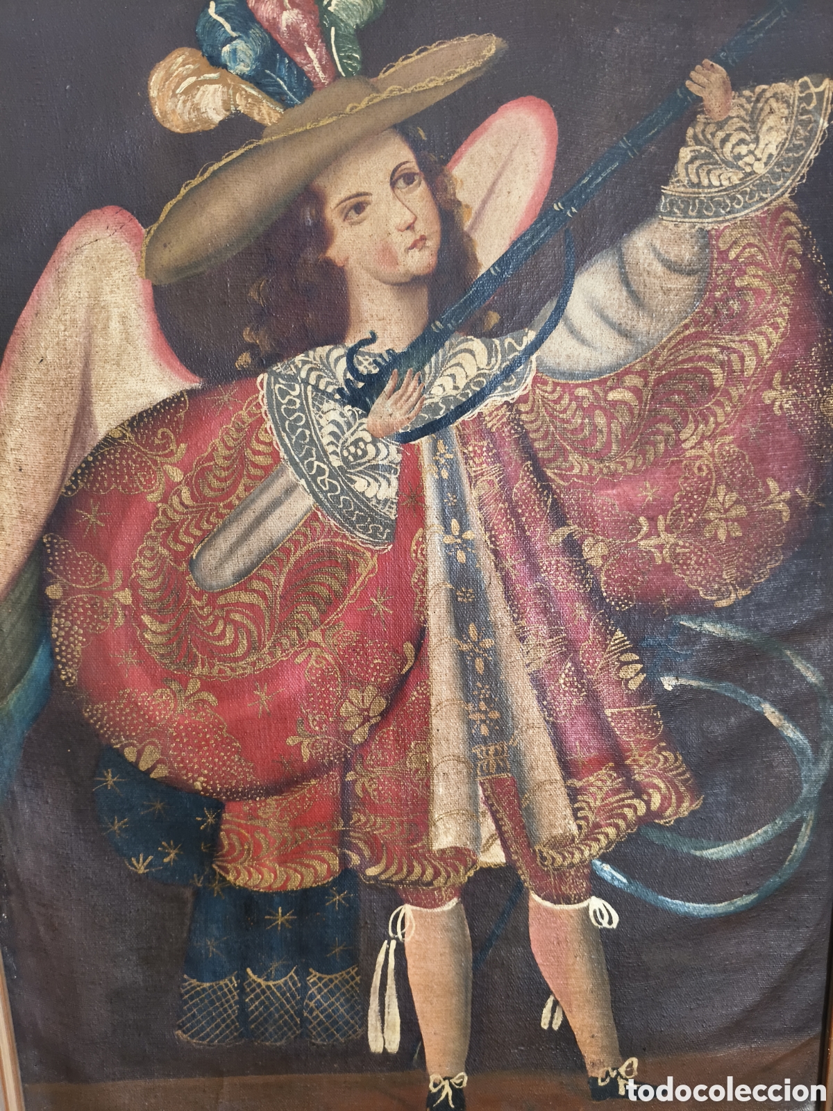 Arte: Magn&iacute;fico oleo de escuela cuzque&ntilde;a &Aacute;ngel arcabucero