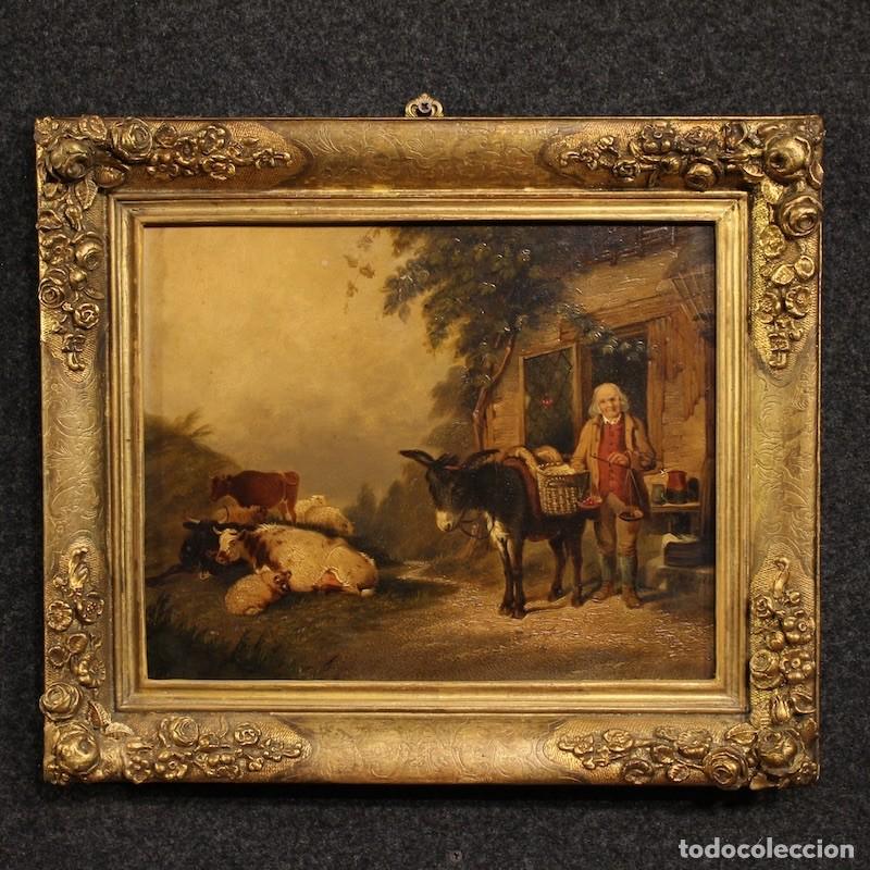 Arte: Pintura inglesa antigua de una escena rural, fechada en 1866.