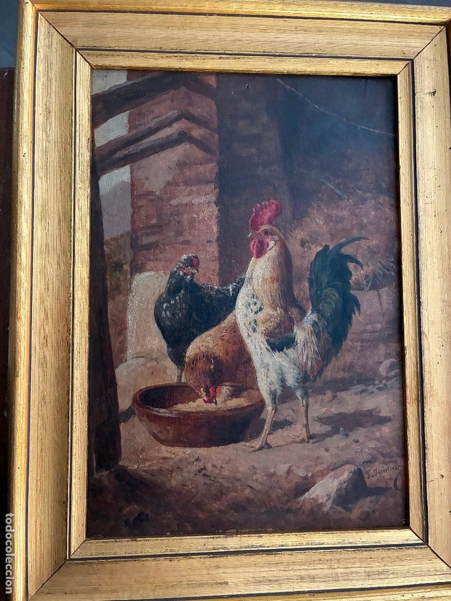 Arte: Cuadro al oleo Gallo y Gallinas Federico Jim&eacute;nez y Fern&aacute;ndez 1841 1931 tabla 34x23,5 bien conservado