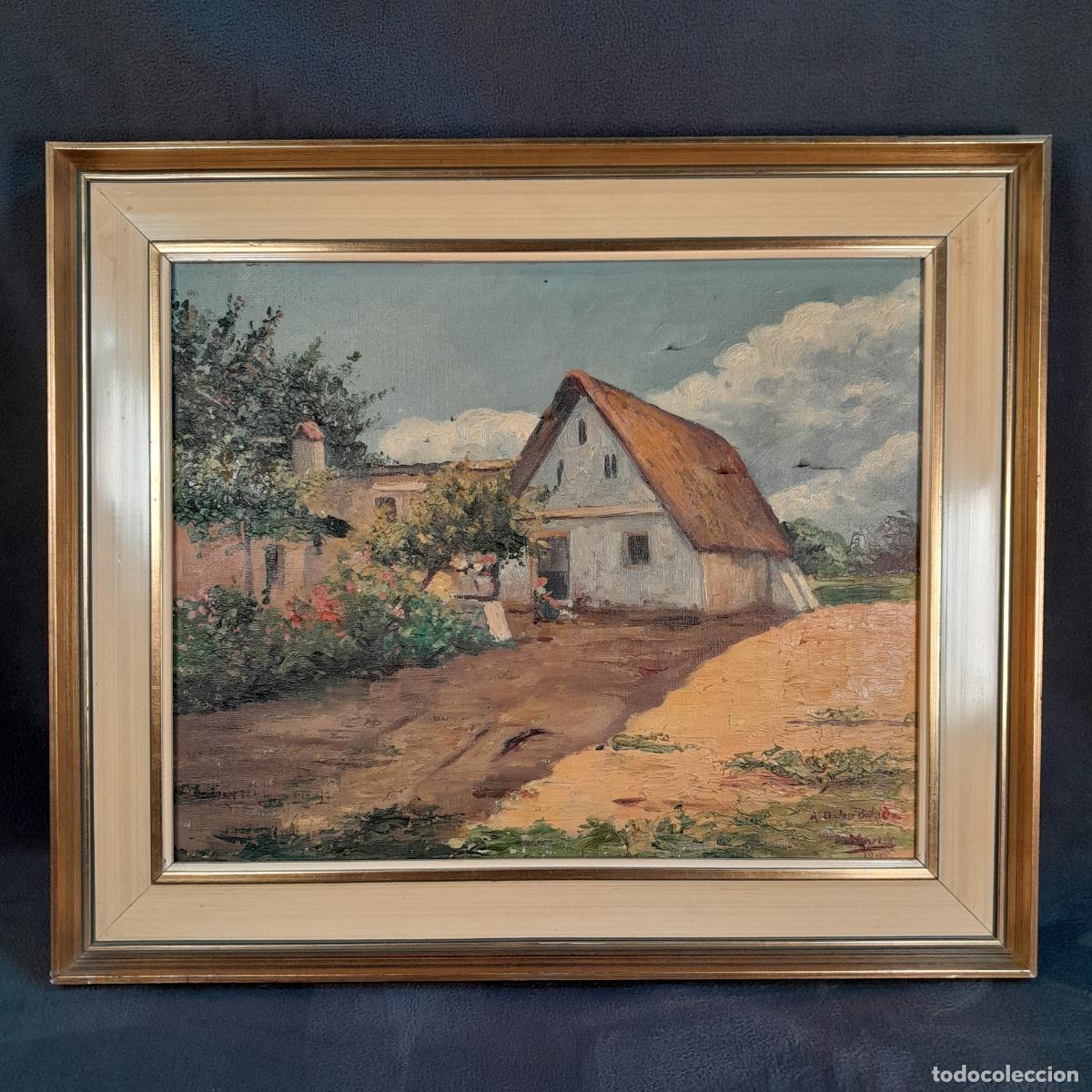 Arte: B-1927. PAISAJE DE BARRACA VALENCIANA, &Oacute;LEO SOBRE LIENZO POR ANTONIO MORENO CORBELLAS. A&Ntilde;O 1945