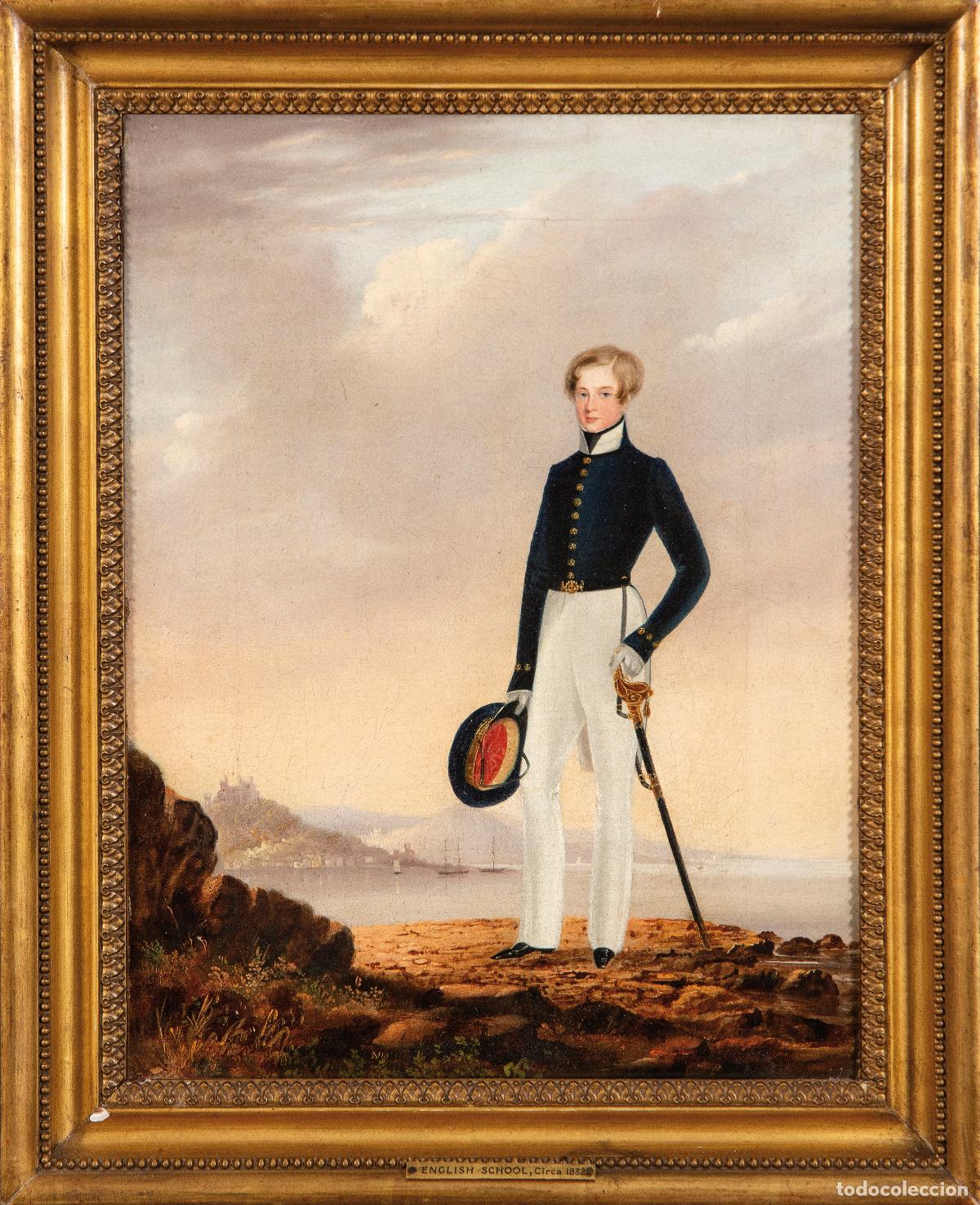Arte: Retrato de joven guardamarina ingl&eacute;s &oacute;leo sobre lienzo escuela inglesa &eacute;poca Regencia hacia 1830