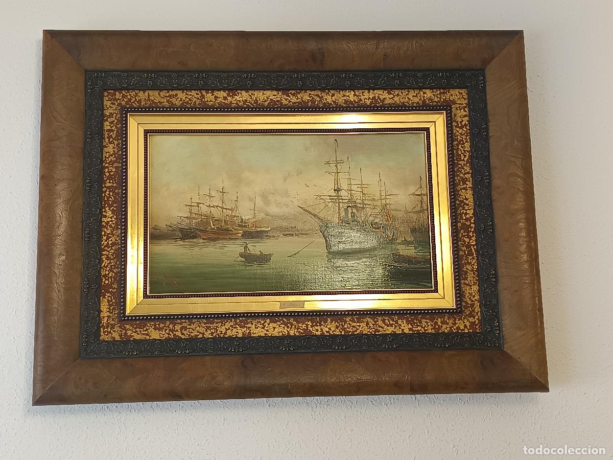 Arte: EMILIO PAYES CARRANZA (ALCOY ALICANTE 1935) OLEO SOBRE LIENZO, BARCOS, MARCO 76X57 CM. OBRA 46X27 CM