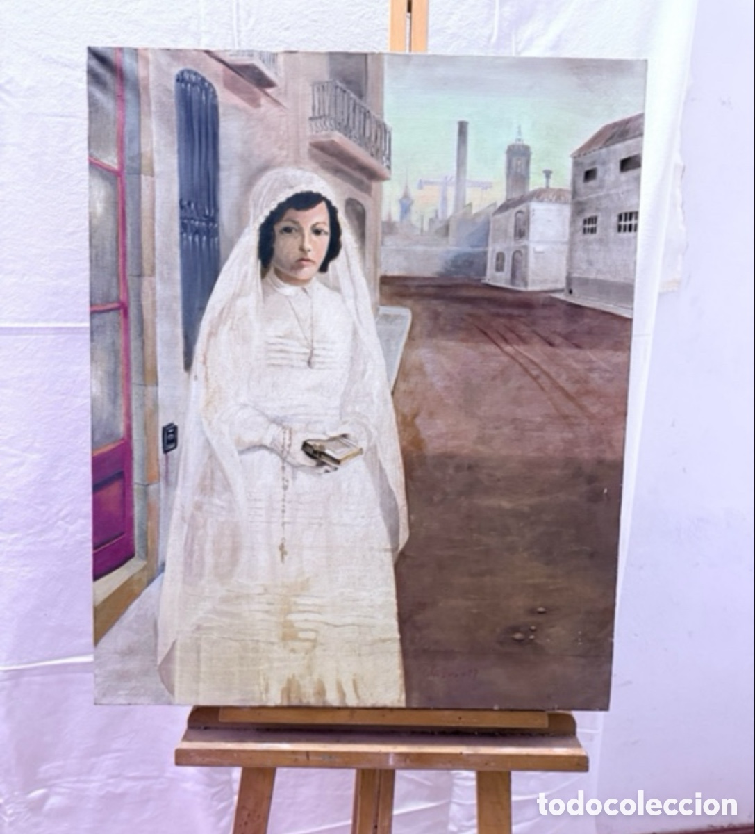 Arte: Ricard Calvo Dur&aacute;n &oacute;leo sobre lienzo 1978 retrato ni&ntilde;a de primera comuni&oacute;n paisaje urbano.