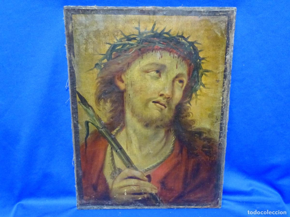 Arte: ANTIGUO ECCE HOMO CON ESPINAS Y CA&Ntilde;A AL &Oacute;LEO SOBRE CARTULINA PEGADA A TELA. SOBRE SIGLO XVIII-XIX.