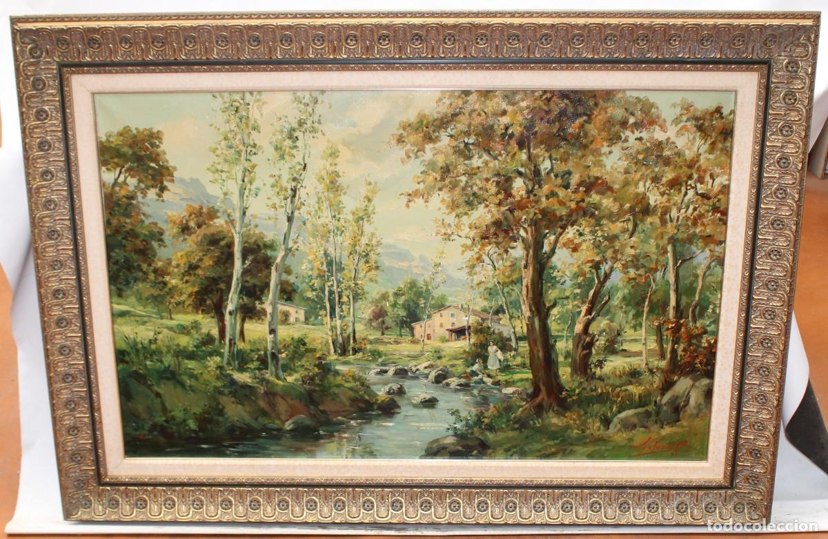 Arte: ANTONIO FUENTES GOMEZ -Lafuente- (1925 - ??) OLEO TELA. A&Ntilde;O 1963. LAVANDERAS EN EL RIO. 73 x 116 cm.