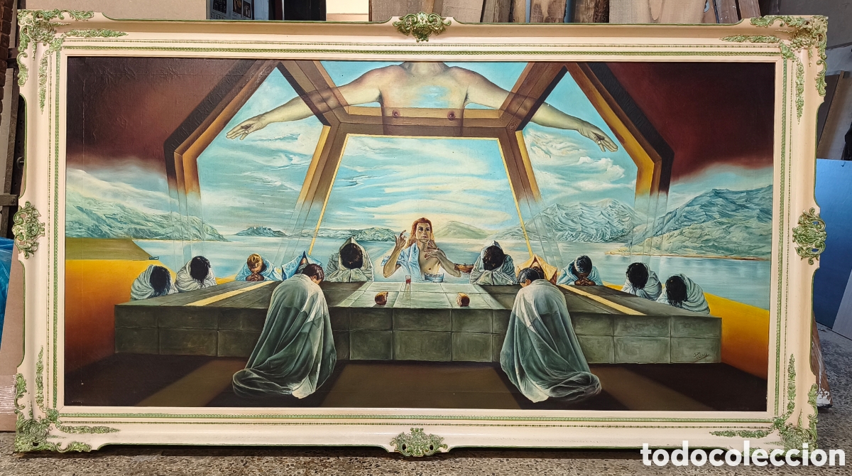 Arte: Oleo de gran tama&ntilde;o enmarcado reproducci&oacute;n El sacramento de la &uacute;ltima cena Salvador Dal&iacute; 224cm