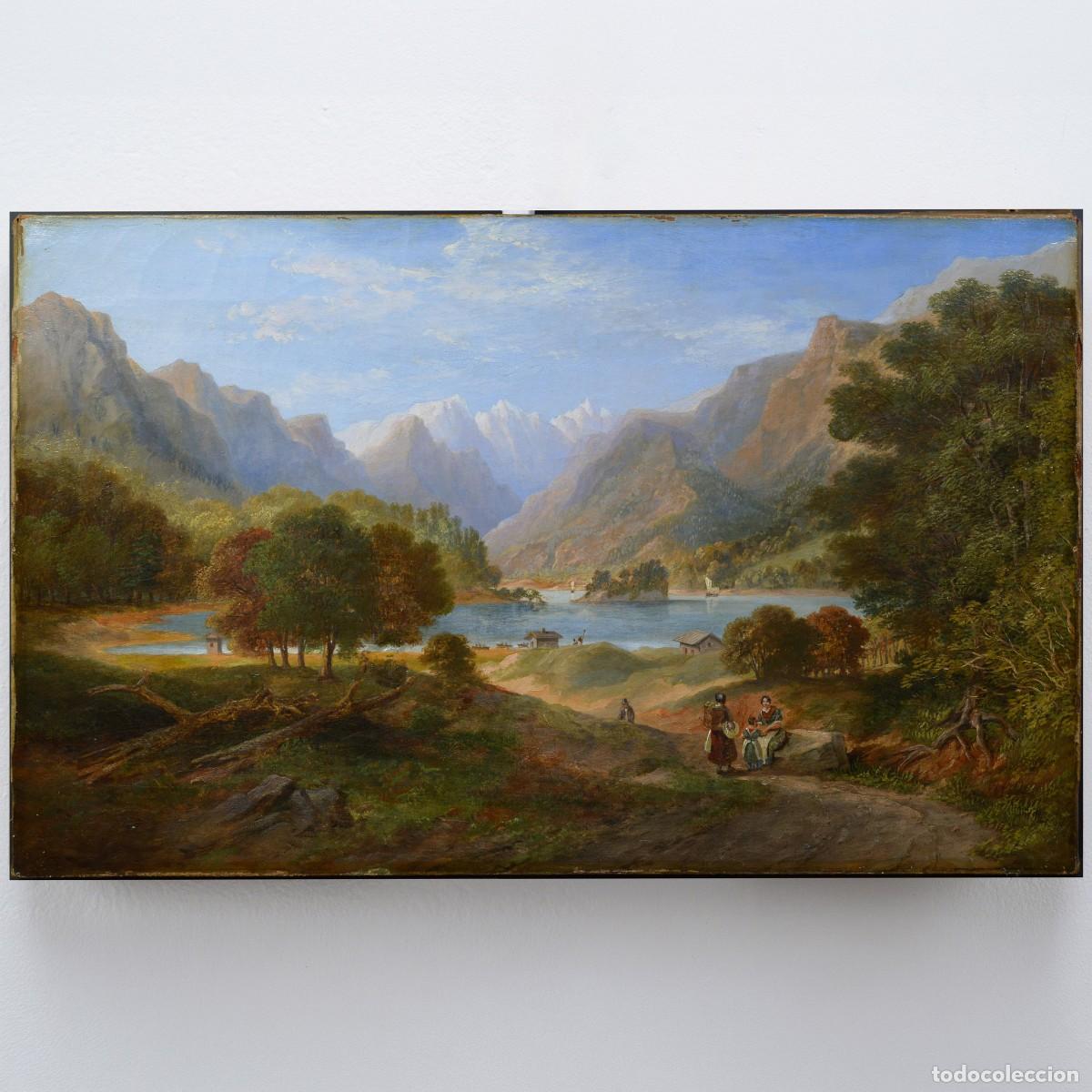 Arte: 19th Century European Romantic Panoramic Alpine Lake Landscape Oil Canvas Signed