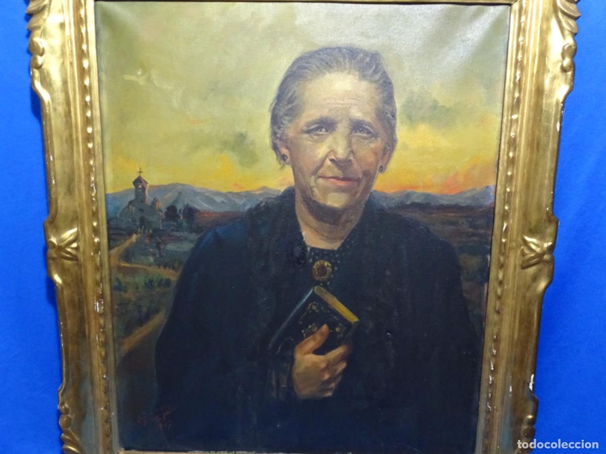 Arte: &Oacute;LEO SOBRE TELA FRANCISCO LOPEZ SALAS 1947. RETRATO CON PUESTA DE SOL Y ERMITA AL FONDO.