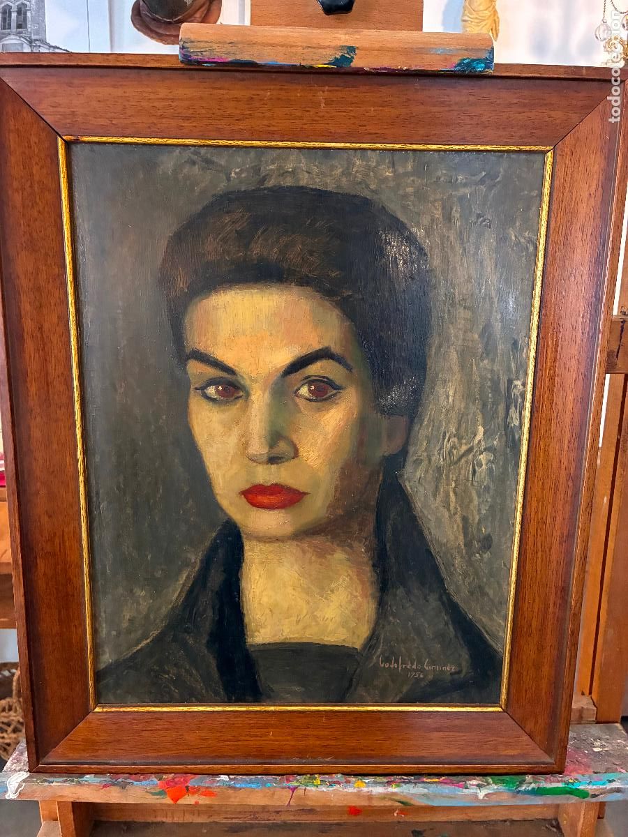 Arte: Albacete retrato de mujer por Godofredo Jim&eacute;nez a&ntilde;o 1956 sobre tabla mide 31x45 sin marco ver fotos