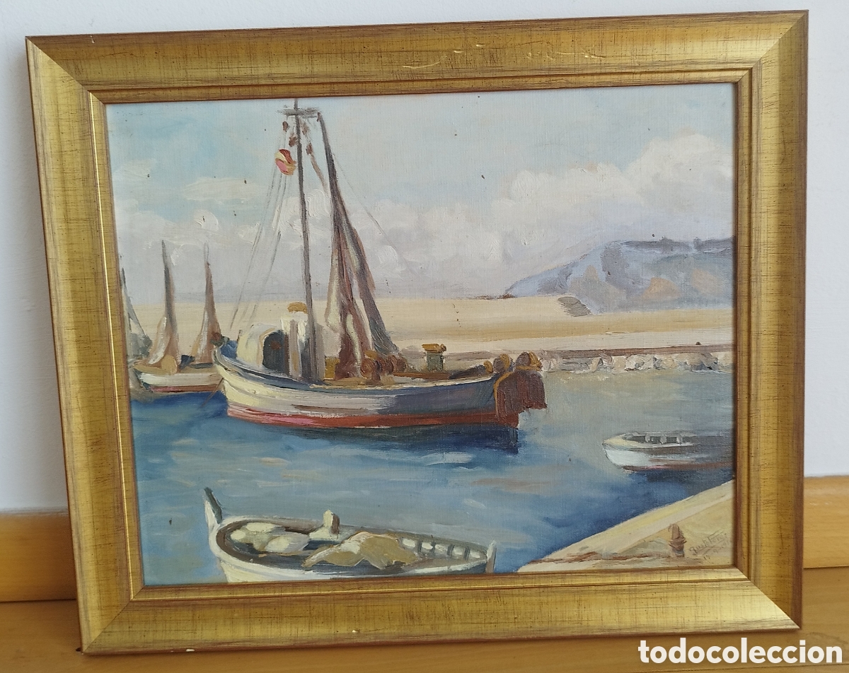 Art: Paisaje puerto con barcos tradicionales. &Oacute;leo sobre lienzo. Busto P&eacute;rez