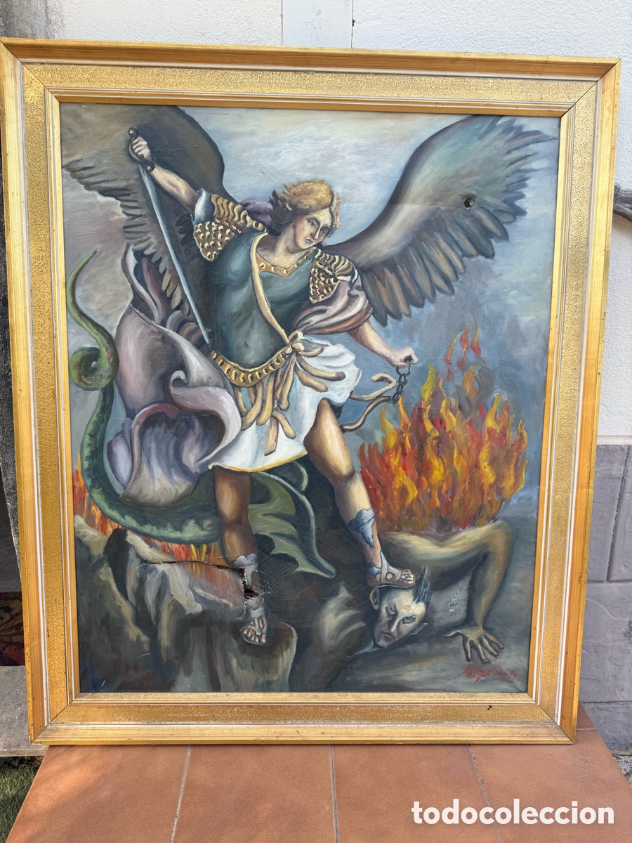 Arte: Antiguo y gran cuadro al oleo,El Arcangel San Miguel venciendo a Satanas!