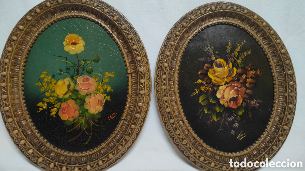 Arte: &Oacute;LEOS SOBRE TABLA.BODEGONES FLORES.MARCO OVALADO EN RESINA.CUADROS.36X30 CM.