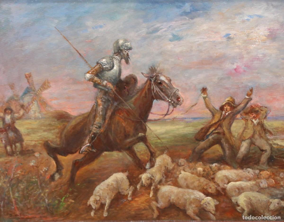 Arte: ESCUELA ESPA&Ntilde;OLA (SIGLO XX) OLEO SOBRE PANEL FIRMADO POR J. DEL REAL. ESCENA DEL QUIJOTE