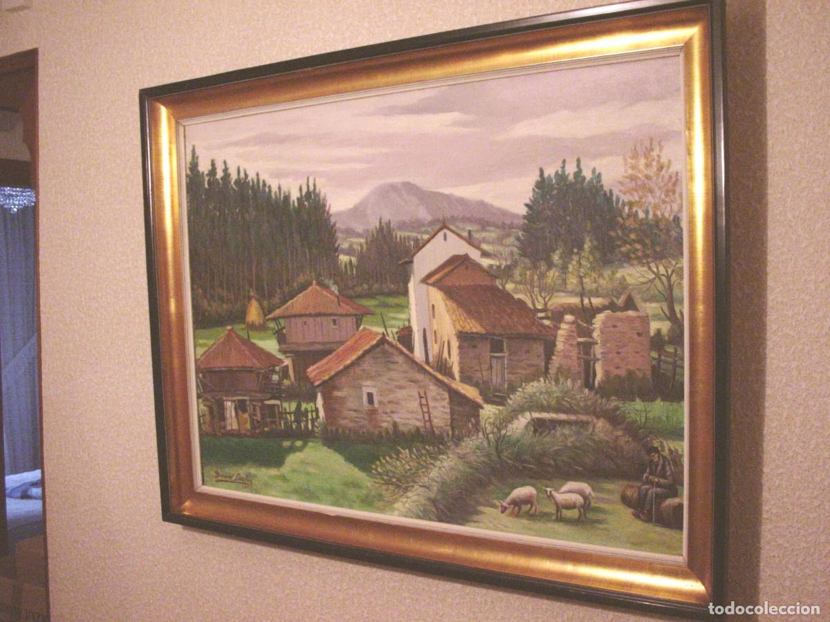 Arte: Cuadro del pintor David Lastra de 1971. Paisaje Casas Pueblo Asturias, posiblemente Avil&eacute;s o Corvera