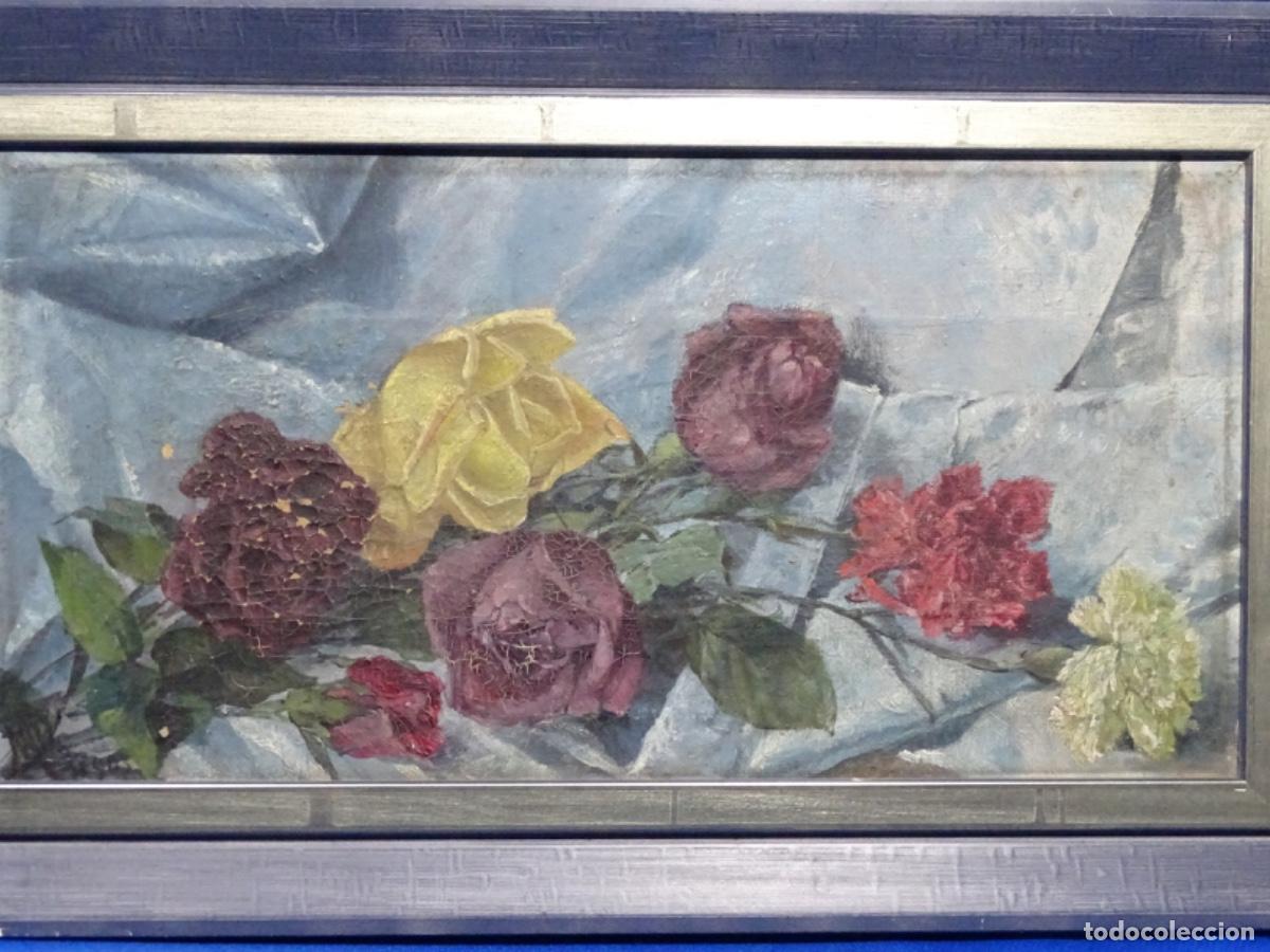 Arte: ANTIGUO &Oacute;LEO SOBRE TABLA 1903 FIRMA ILEGIBLE. FLORES.