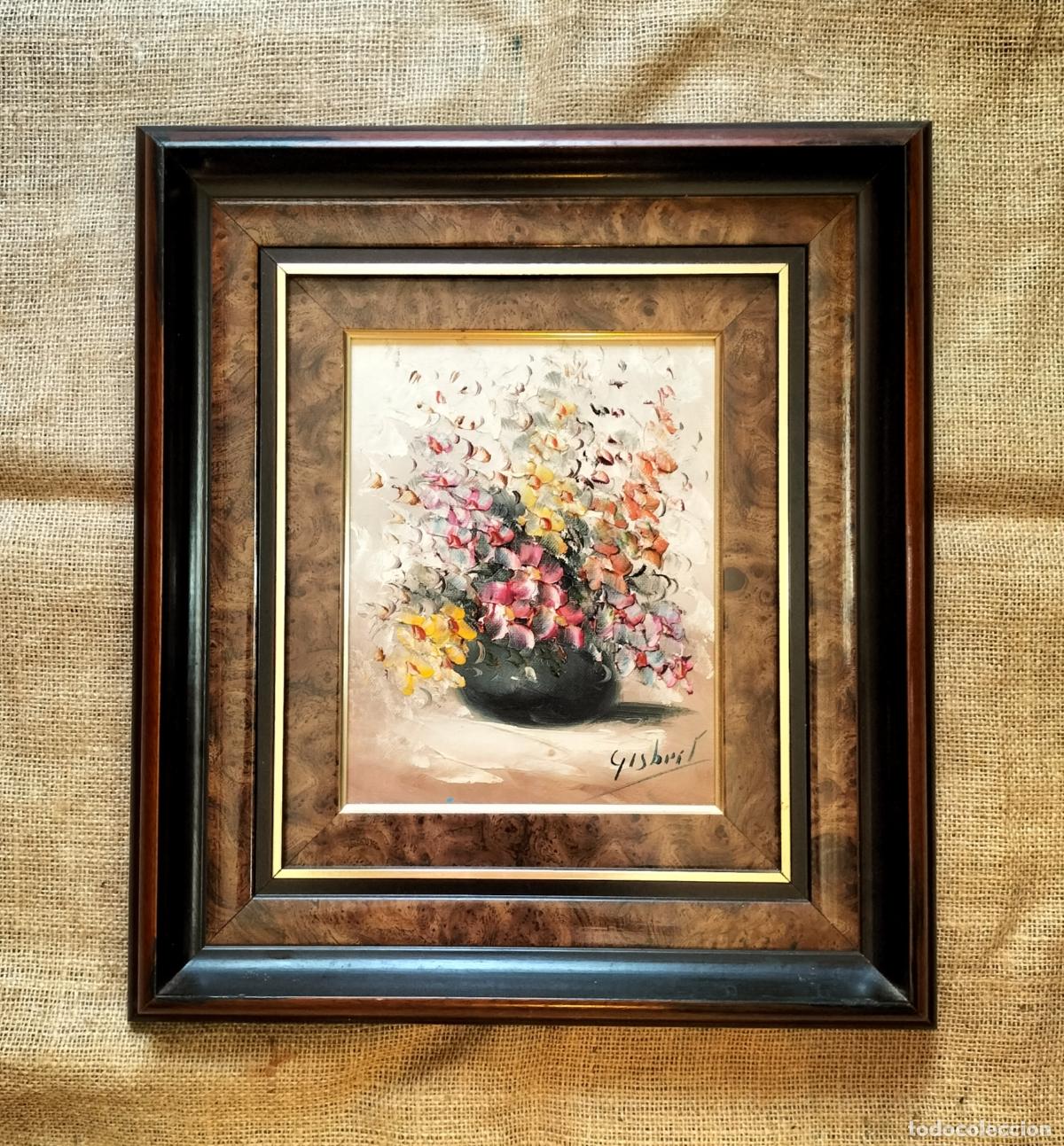Arte: OLEO SOBRE LIENZO - JARRON CON RAMO DE FLORES - GISBERT - 24 X 39 CM.