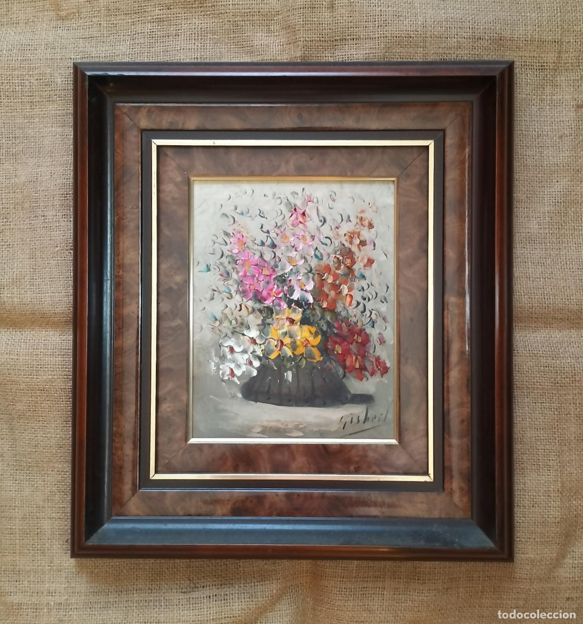 Arte: OLEO SOBRE LIENZO - JARRON CON RAMO DE FLORES - GISBERT - 24 X 39 CM.