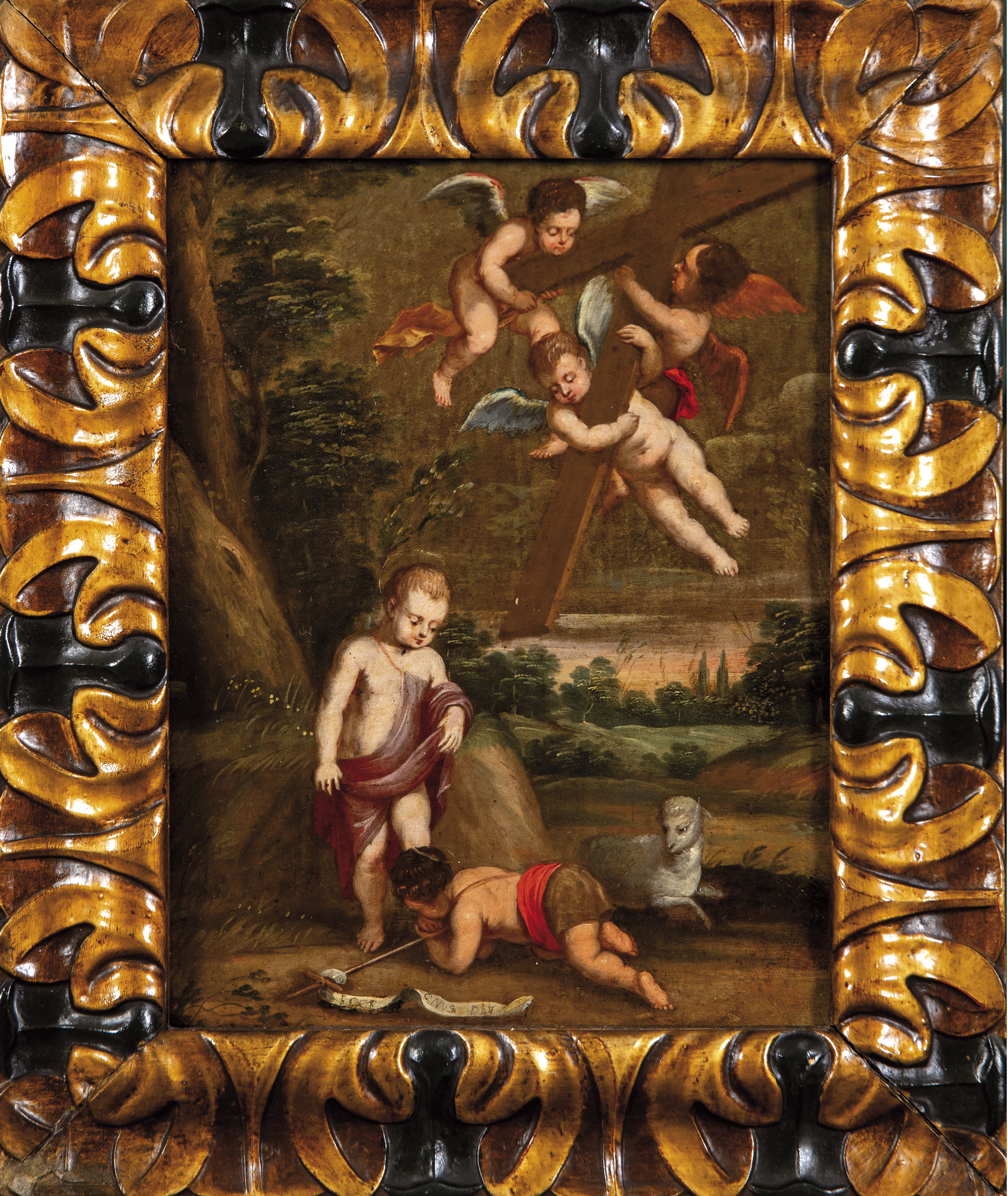 Arte: San Juanito y el Ni&ntilde;o alegor&iacute;a de la Cruz &oacute;leo sobre cobre escuela espa&ntilde;ola del siglo XVII