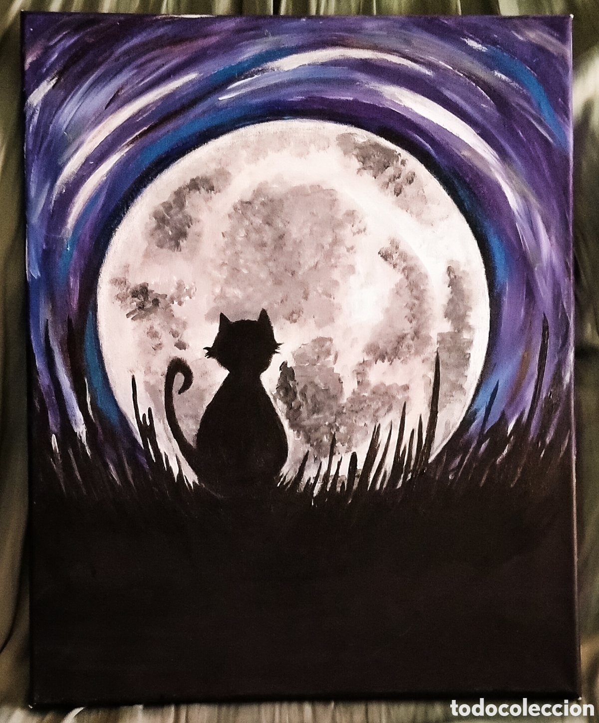 Arte: &Oacute;LEO s. LIENZO / (NAIF- EXPRESIONISMO). * EL GATO OBSERVANDO LA LUNA *. AN&Oacute;NIMO. PRECIOSA OBRA